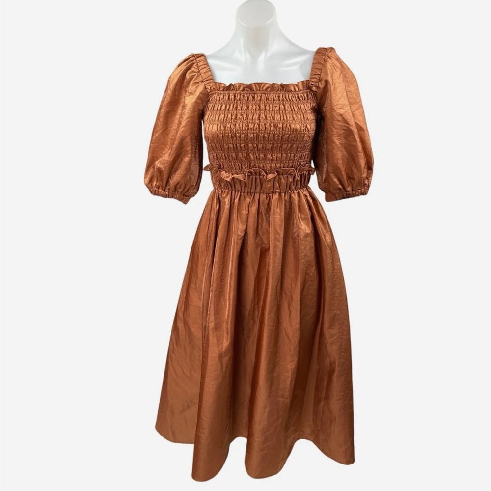 Moon River Brown Silk Satin Short Puff Sleeve Smocked Midi A-Line Dress